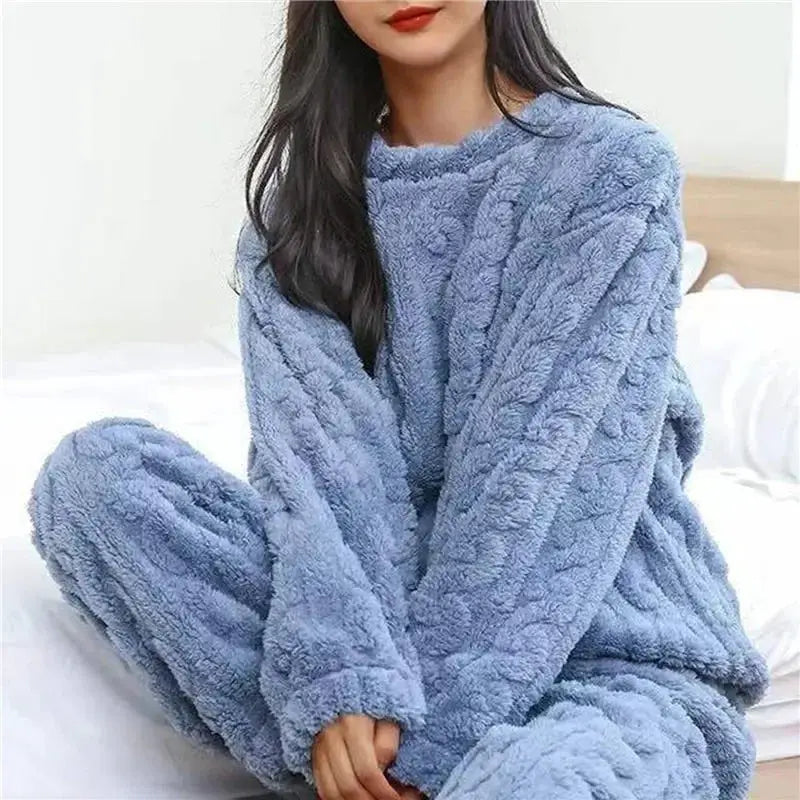 VelvetLuxe Soft Coral Velvet Jacquard Pajama Set With Ultra Warm Fleece Lining For Women Winter Comfort