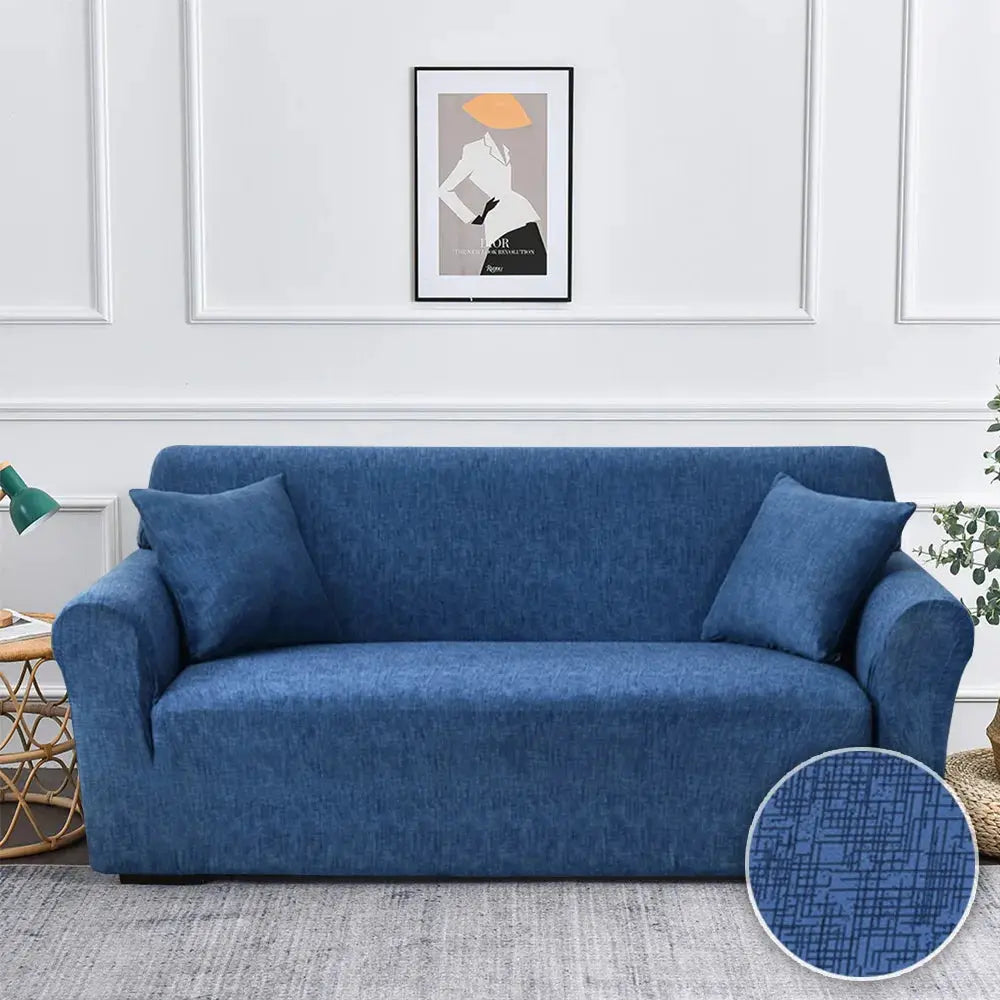 Sofa slipcover in blue stretch fabric for living room; fits 2/3/4-seat L-shaped corner sofas with elastic edge.