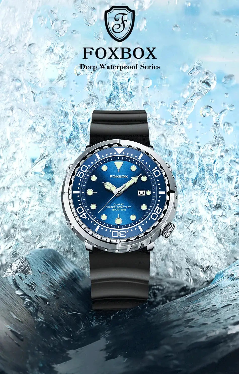 Foxbox diver watch with blue dial, silver bezel, black strap, 50m water resistant
