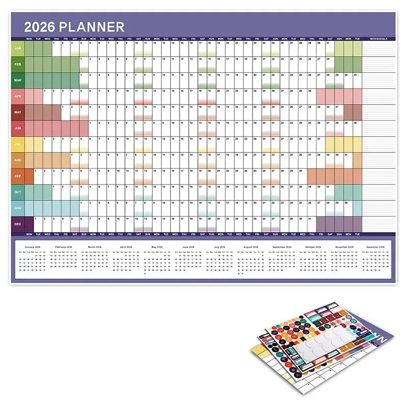 2026 yearly daily calendar wall planner by Simples Market with colorful monthly grid and sticker sheets (2-item set)