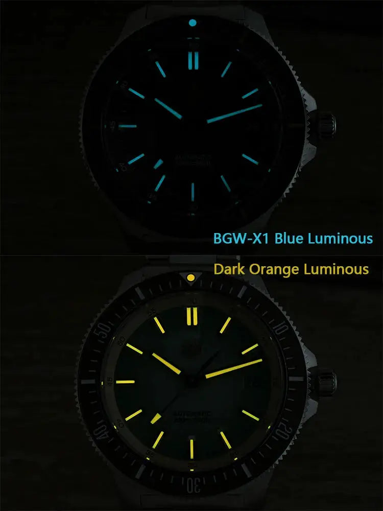 San Martin 40mm dive watch with blue and orange lume, NH35 automatic, 200m water resistant