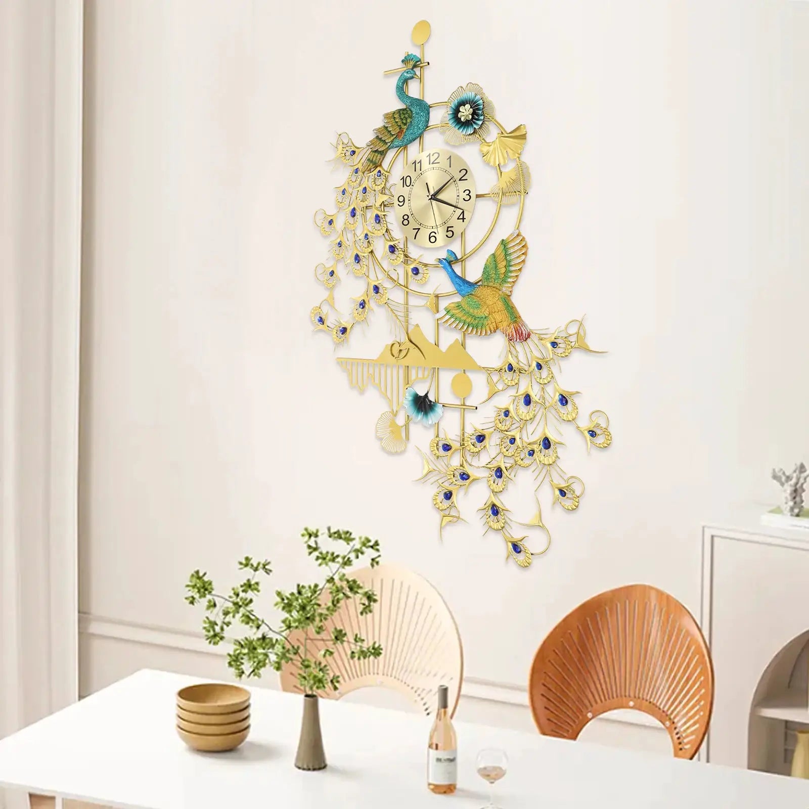 Large 80x120 cm peacock wall clock with gold and blue rhinestones; silent quartz, resin-iron art for living room