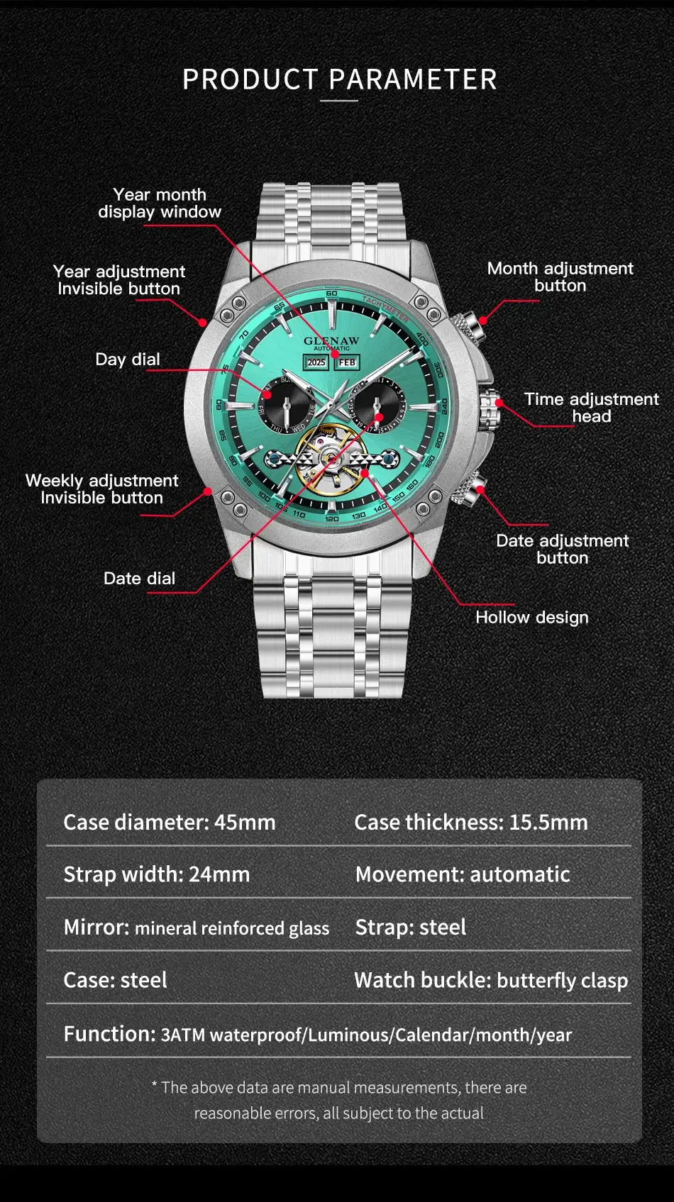 Glenaw men's automatic wristwatch with turquoise dial and stainless steel bracelet