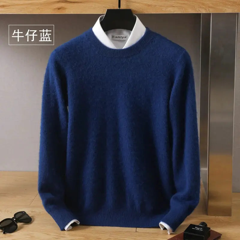 Men's blue 100% mink cashmere sweater on hanger, O-neck knit, Fazeya label