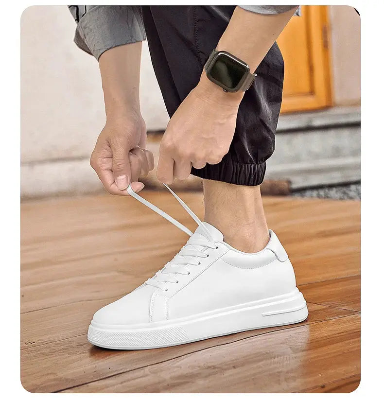 Men's white leather elevator sneakers with 6-10 cm height-increase sole, casual sport shoes