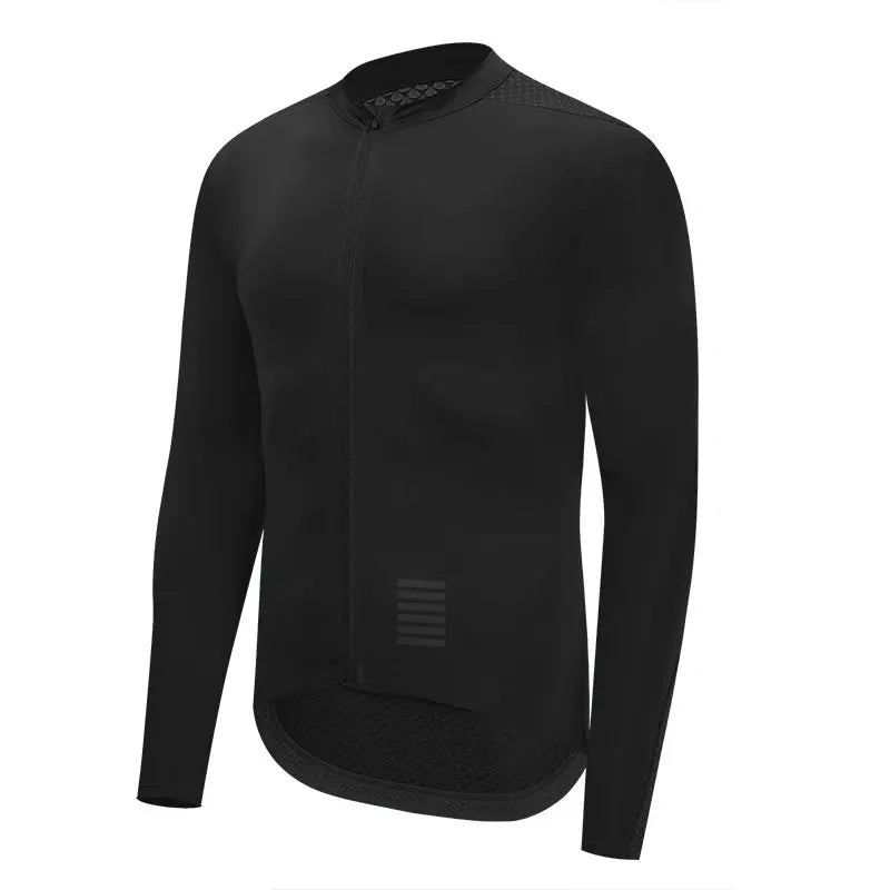 Men's black long-sleeve cycling jersey with full front zipper and breathable mesh back panel.