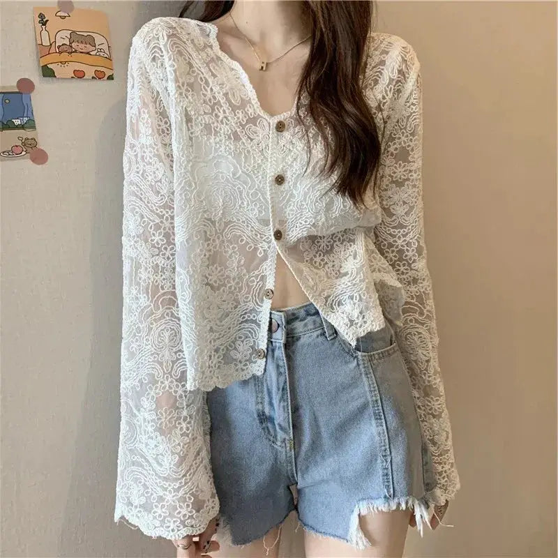 Vintage lace blouse for women, white sheer floral long-sleeve top by Simples Market