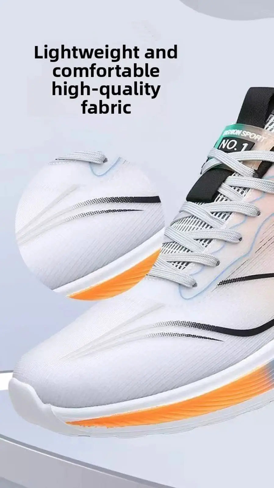 Men's running shoes white with orange sole accents and gray laces
