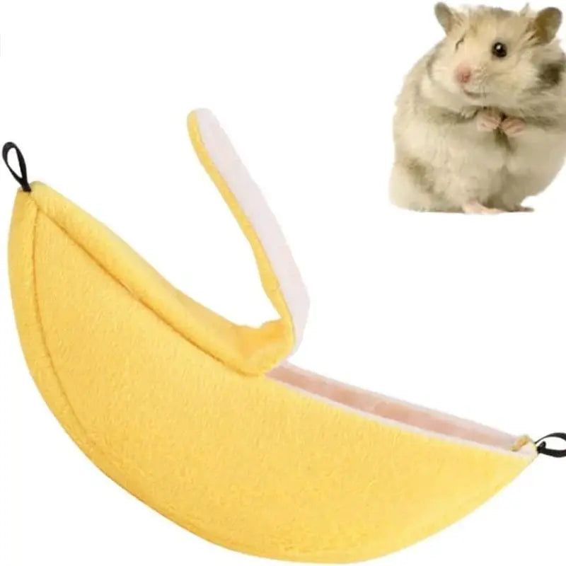 Banana-shaped hamster bed hammock in yellow plush fabric for small pets
