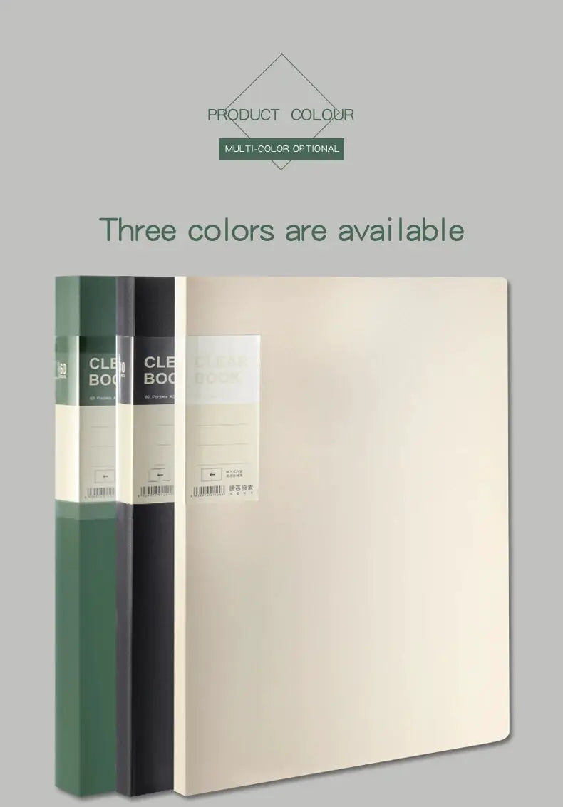 Simples Market A4 side-loading document folder with dividers; multi-layer transparent binder in green, black, and cream