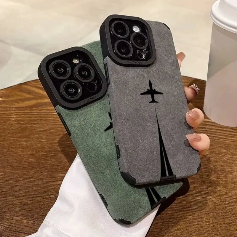 Luxury matte leather silicone phone case for iPhone by Simples Market, gray and green twin cases with lens protection.