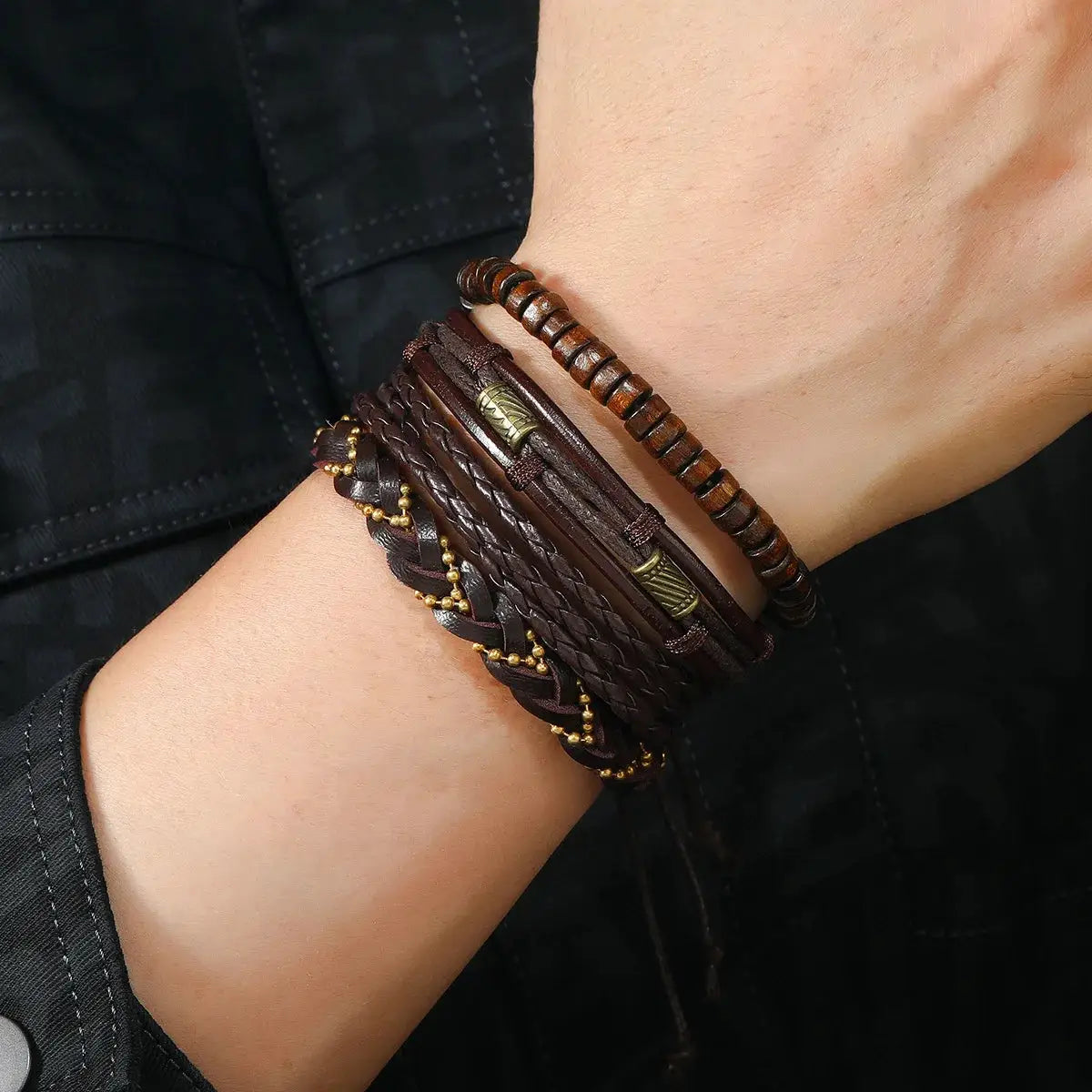 Mens Wooden Bead Braided PU Leather Wrap Bracelet For Men Vintage Style Armband Three Styles