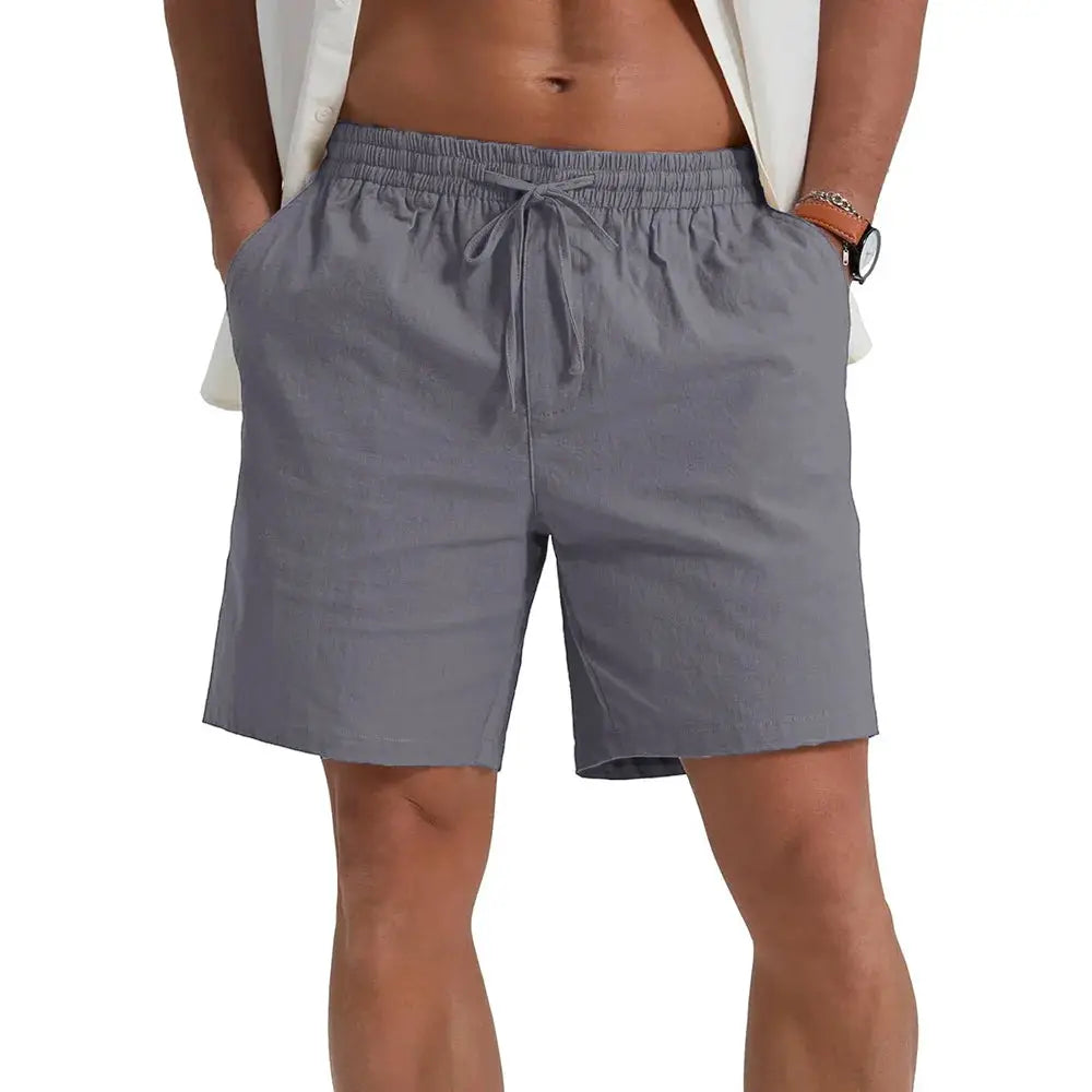 Men's gray cotton-linen shorts with drawstring waist, breathable casual style and pockets