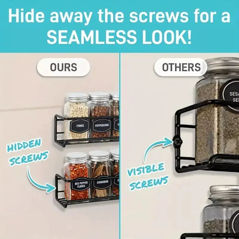 Iron wall-mounted spice rack organizer; black metal two-tier shelf with labeled spice jars