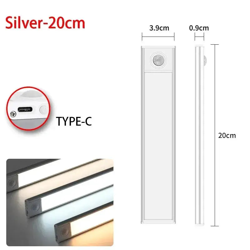 LED motion sensor under-cabinet light, silver 20cm bar with USB Type-C port; 3 light modes.