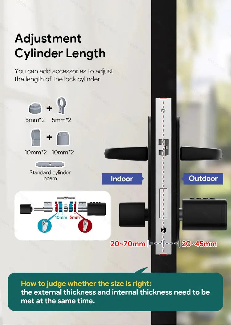 V1 Pro+ smart door lock by Simples Market; black body with adjustable cylinder length and silver faceplate.