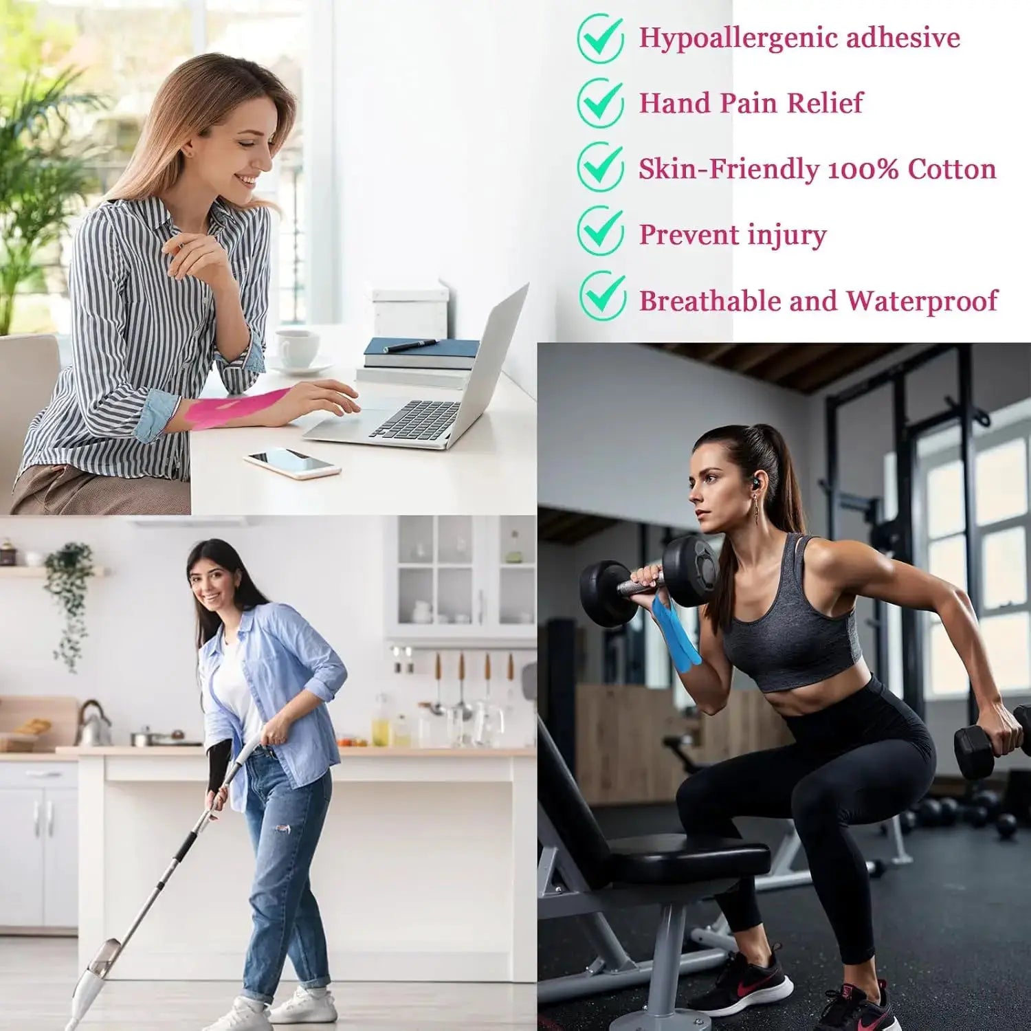 12pcs wrist kinesiology tape by Simples Market; breathable, latex-free pre-cut athletic tape in a workout collage.