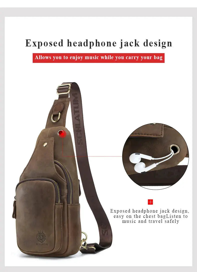 Simples Market SCHLATUM brown genuine leather chest bag with triangle crossbody design and exposed headphone jack