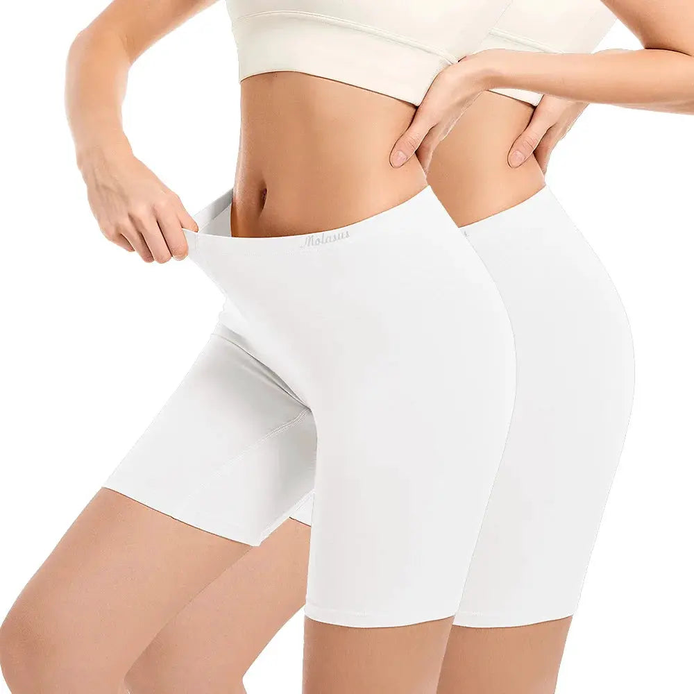Molasus white high-waisted biker shorts for women by Simples Market; two seamless cotton shorts shown