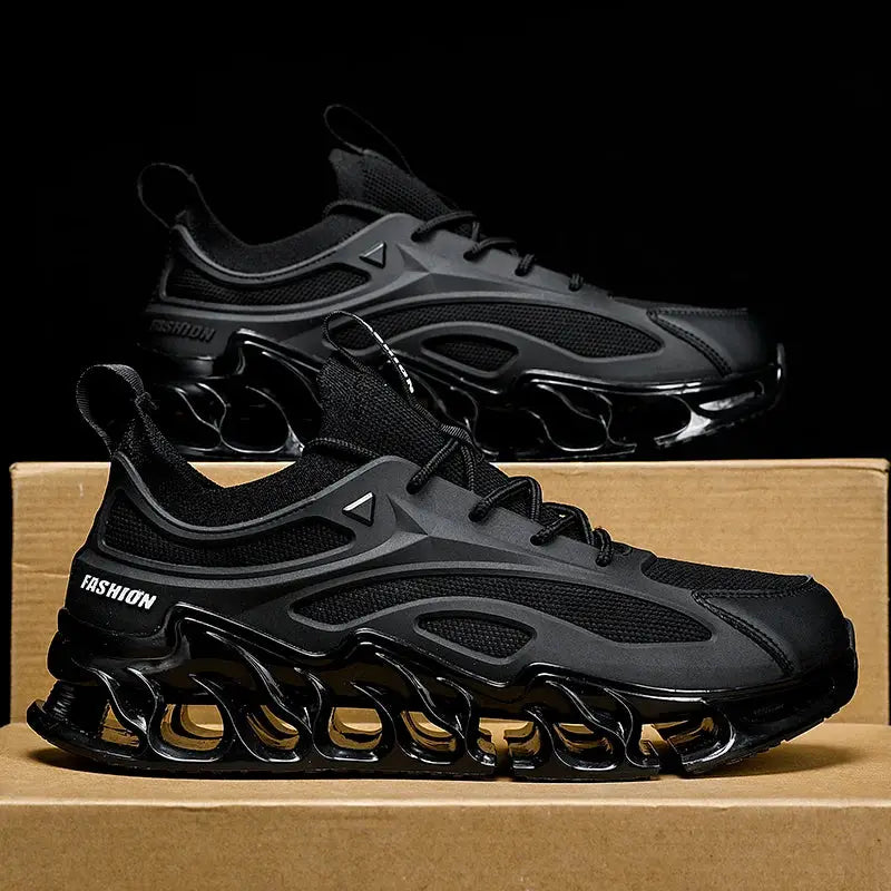 Simples Market men's sneakers, black running shoes with a sculpted hollow-out sole, pair.