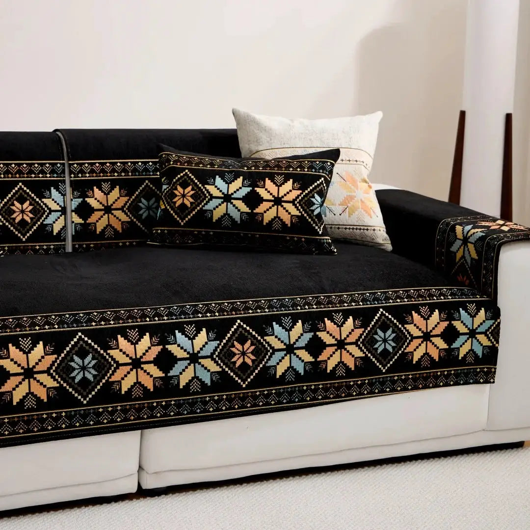 Sofa cover 1pc Bohemian Jacquard Chenille with black base and multicolor geometric embroidery by Simples Market.