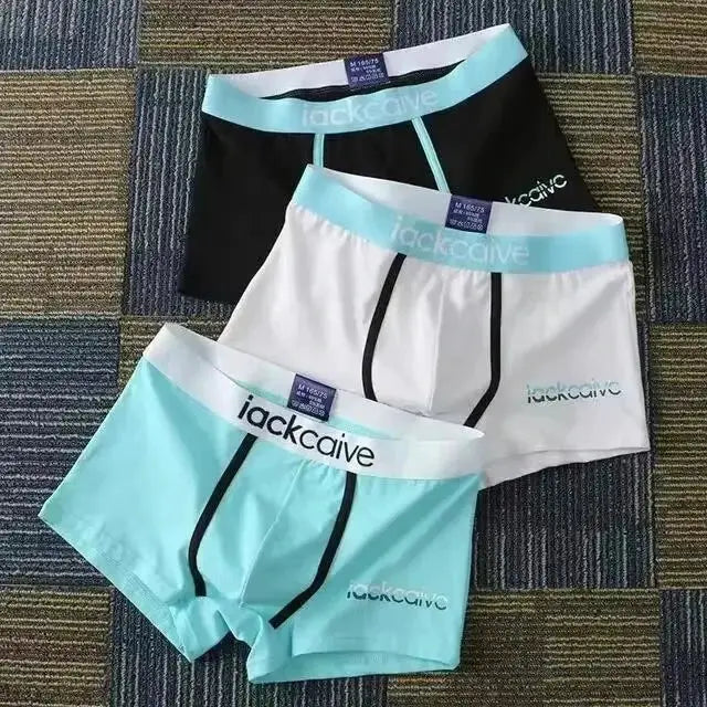 3-pack men's cotton boxers in black, white, and teal with turquoise waistbands; jackcaive branding visible