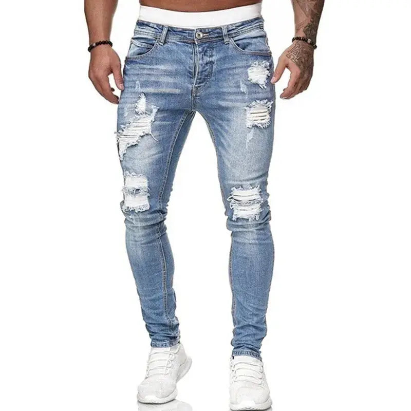 Mens Vintage Ripped Skinny Jeans Street Style Denim Pants Slim Fit