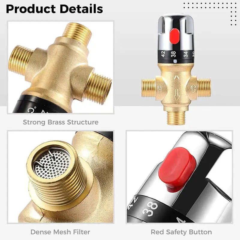 Brass thermostatic mixing valve for shower and taps by Simples Market, featuring dense mesh filter and red safety button