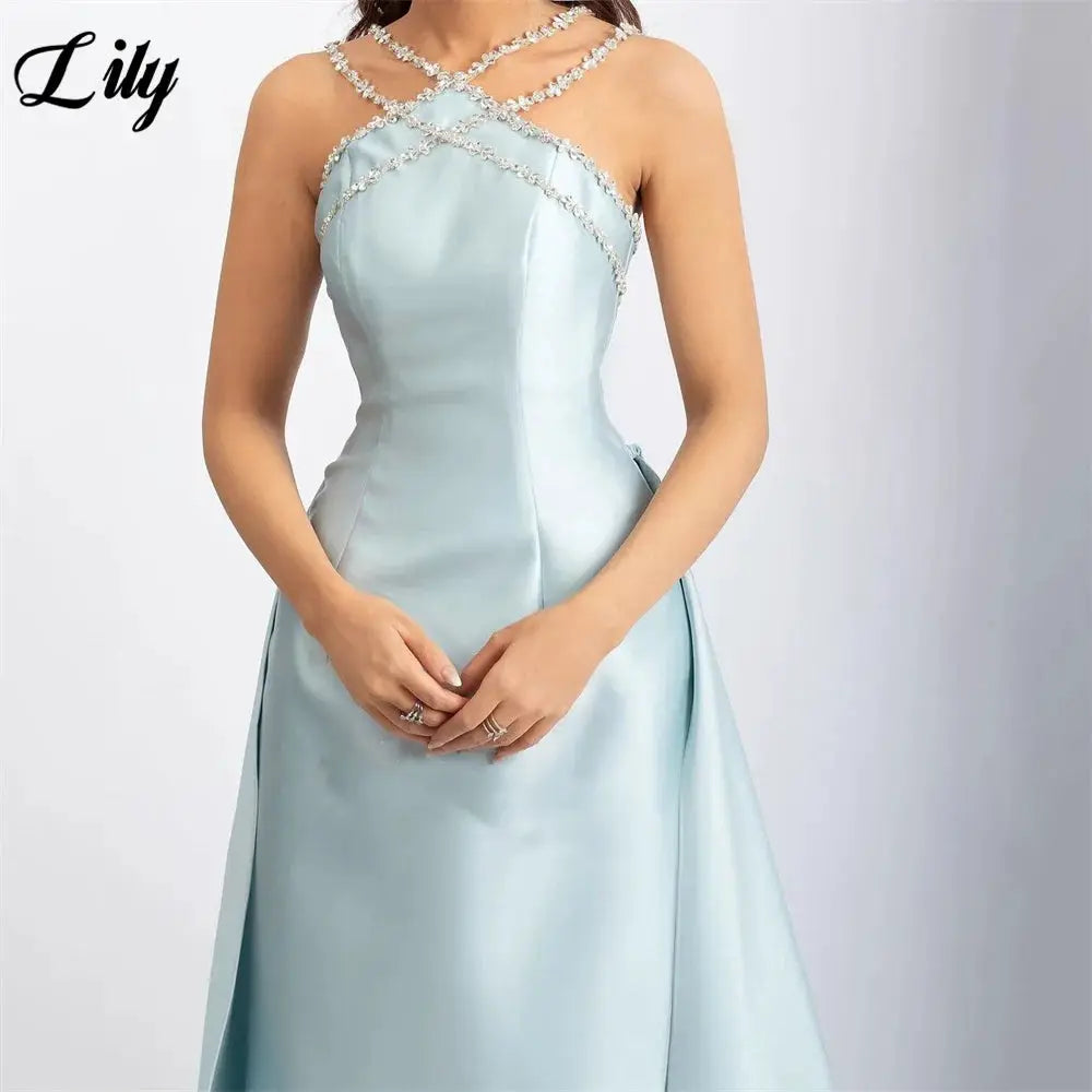 Lily Light Blue Prom Dress With Shiny Beading Halter Detachable Train