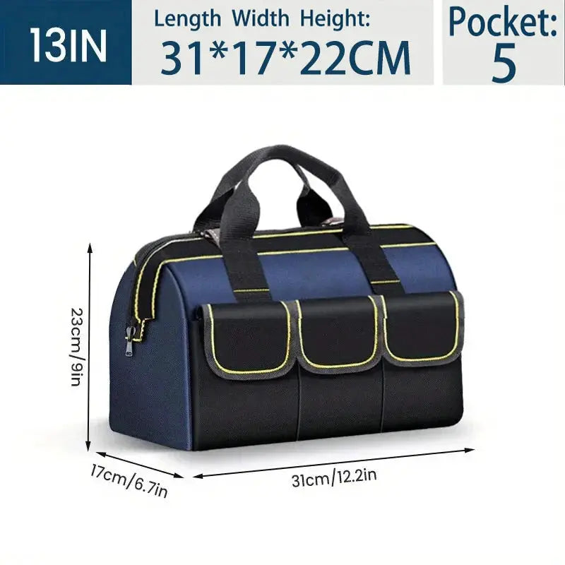 Simples Market multifunctional tool bag, navy blue with black pockets, yellow trim and dual handles.