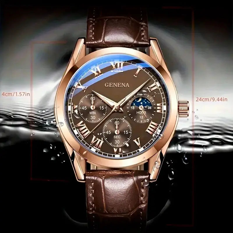 Men's Business And Casual Quartz Watch With Leather Band Roman Numeral Dial Durable Alloy Case