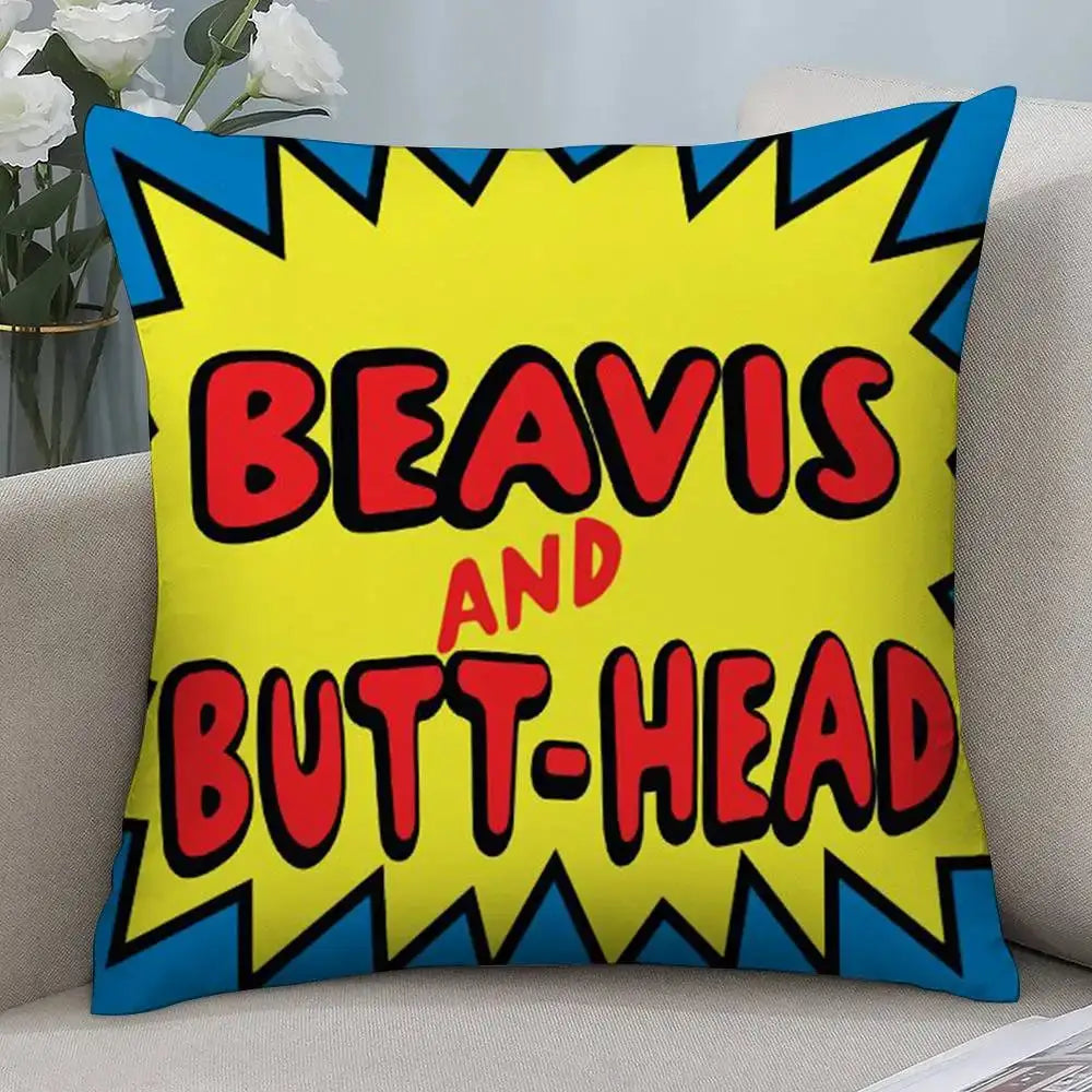 Beavis and Butt-Head pillow case, double-sided print, square plush cushion with yellow center, red text and blue border
