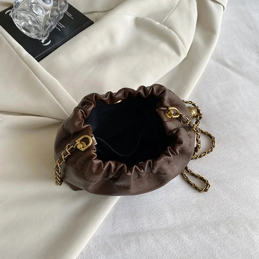Women chain shoulder bag with brown gathered leather-look and gold chain strap