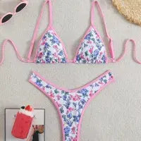 Simples Market floral bikini set with pink neck lace-up triangle top and high-cut bottoms