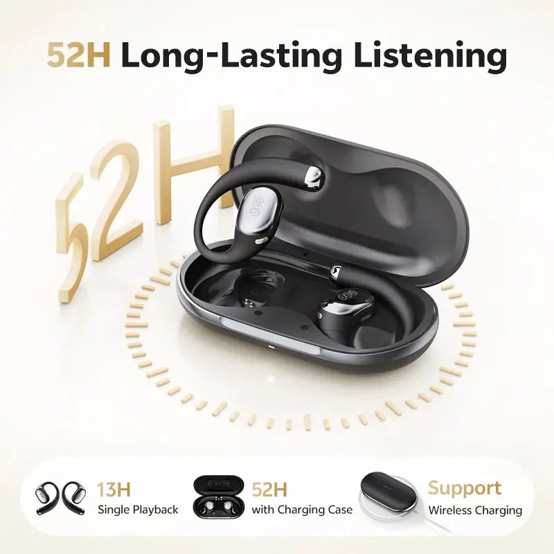QCY Crossky R70 open-ear wireless headphones in charging case, black, 52H battery life