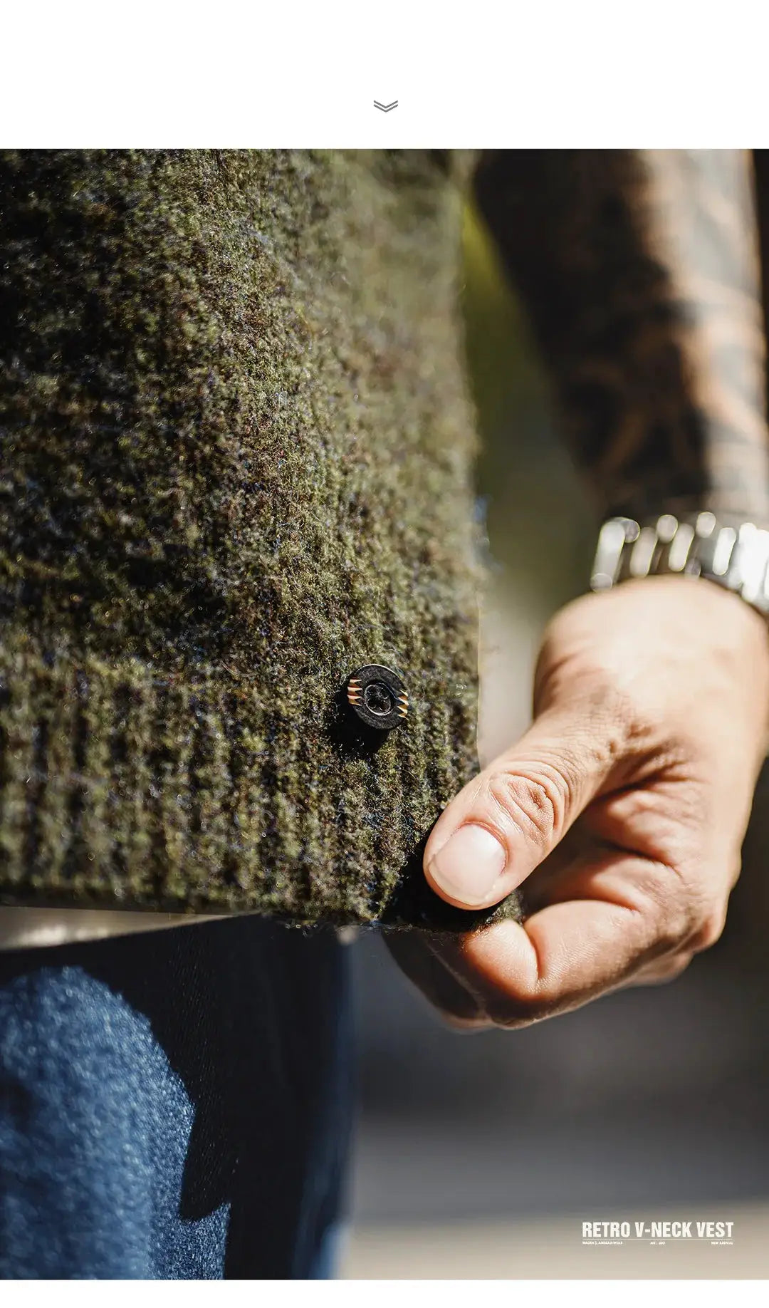 Maden Retro Wool-Blend Knitted V-Neck Vest; olive-green textured knit with black button detail
