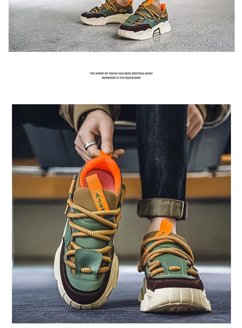 Men's casual sneakers from Simples Market; green-brown low-top skate shoes with orange lining and rope laces