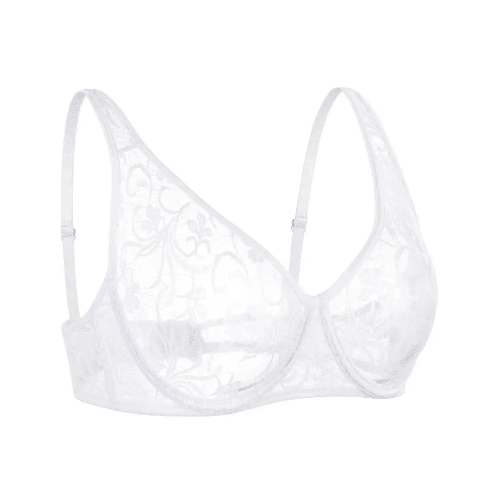 White lace underwire bra with floral embroidery and sheer mesh