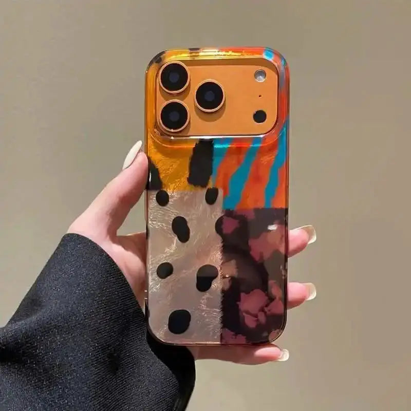 iPhone case with retro four-color leopard pattern stitching in orange, blue and black