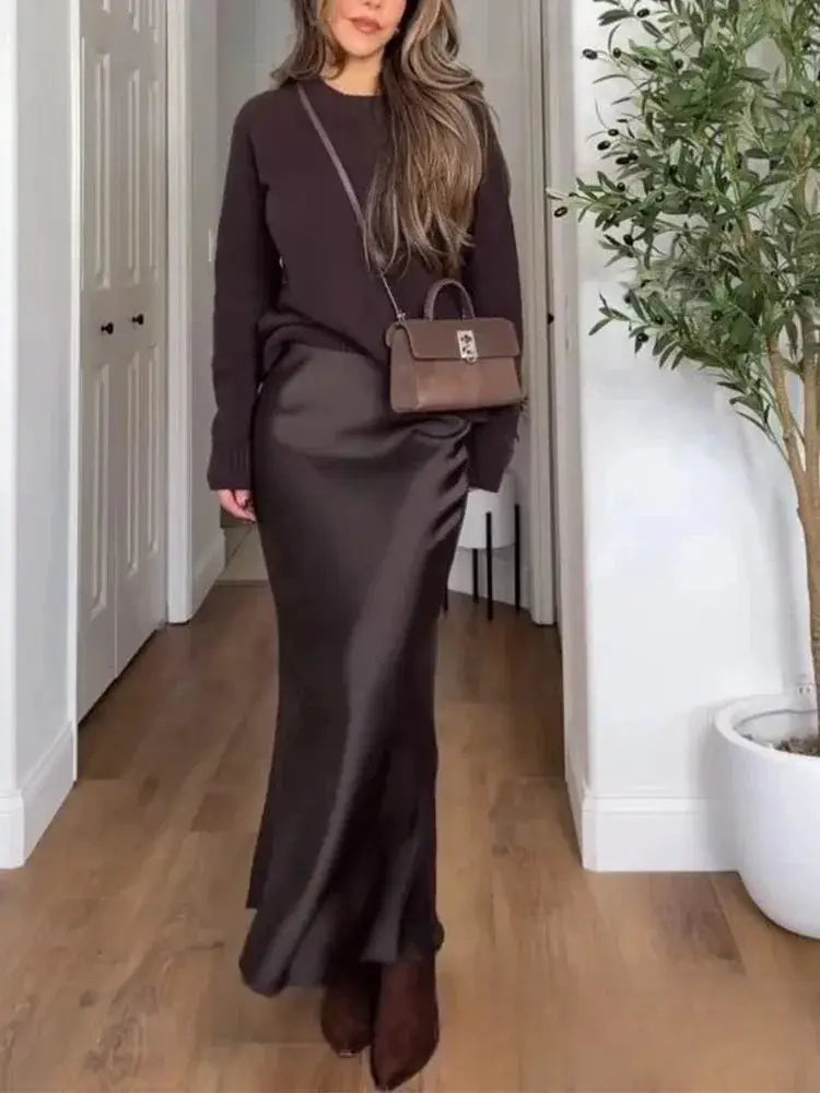 Kondala Vintage Satin Long Skirt For Women High Waist Solid Silky Fashion 2025 Spring Elegant Timeless Comfort