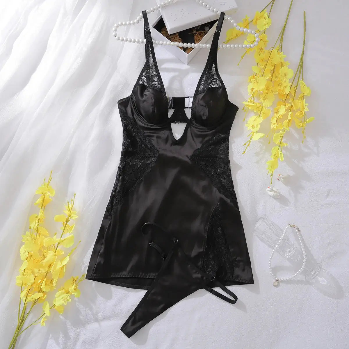 Ellolace Sexy Deep V Neck Satin Dress Seductive Lace Patchwork Nightwear Slip For Women