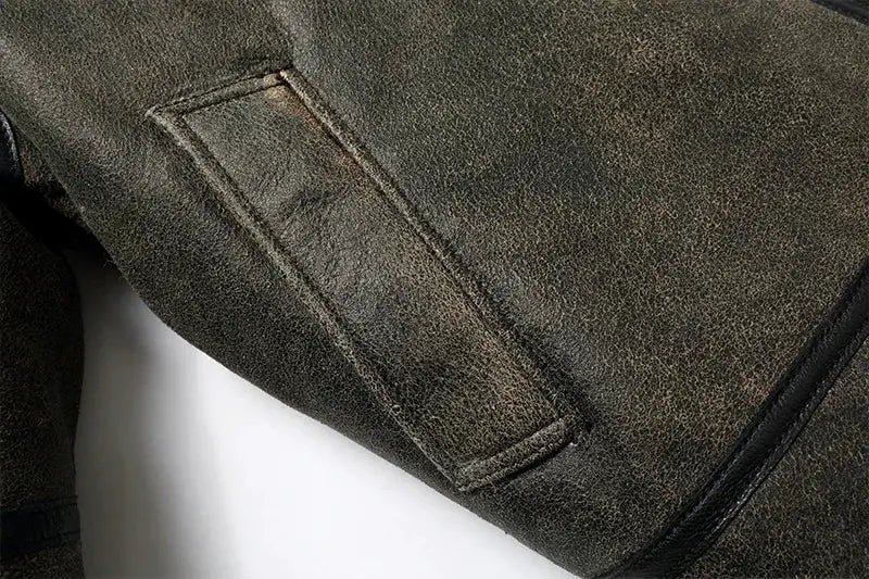 Leather fur jacket with dark brown sheepskin texture and pocket seam detail