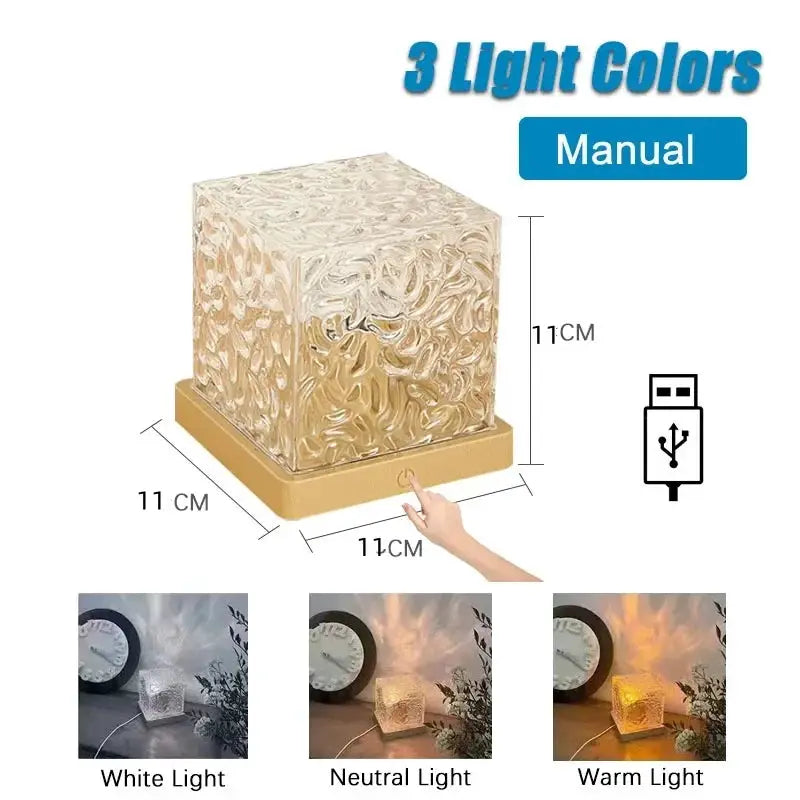 LuminaZen Water Ripple Night Light Dynamic Rotating 3D Crystal Flame Projector With 16 Color Options