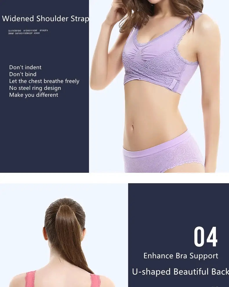 Sports bra set in lavender lace; two-piece by Simples Market with front and back views