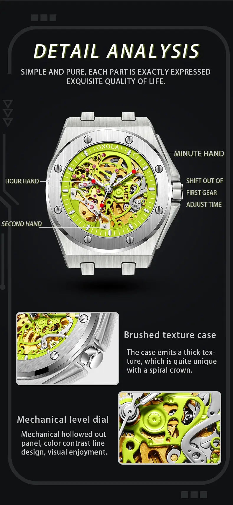 ONOLA wristwatch with lime-green skeleton dial and brushed stainless-steel case