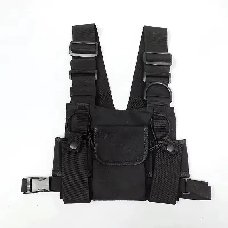 Black tactical chest rig bag with adjustable straps, multiple pockets, and D-rings