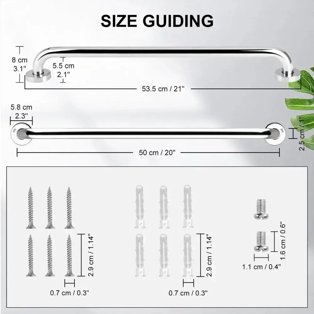 Stainless steel anti-slip shower safety grab bar with towel rack; top 53.5 cm rail and bottom 50 cm rail with screws.