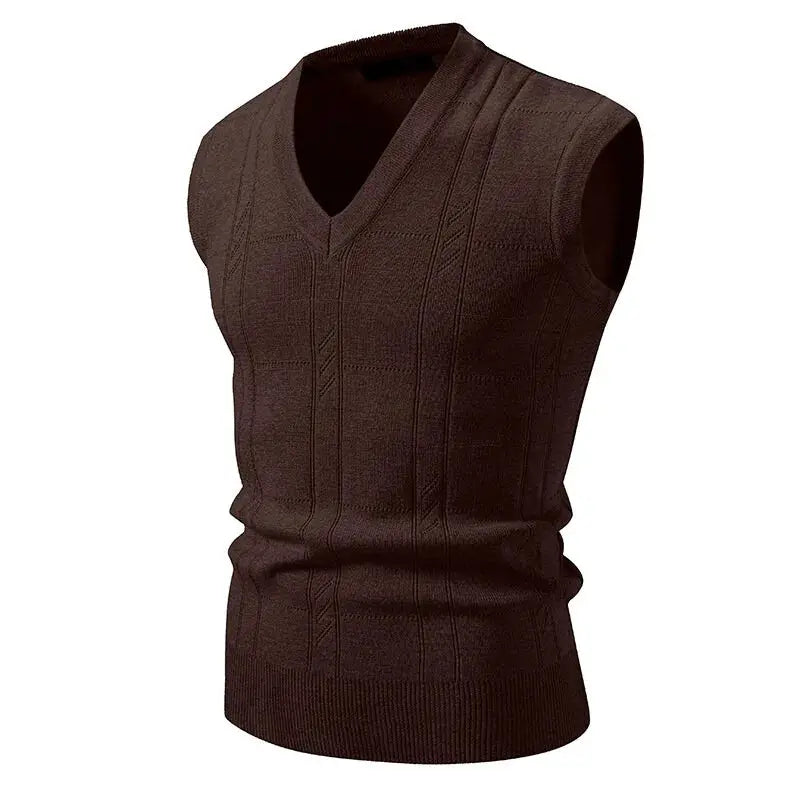 Men's brown sleeveless V-neck twist-knit sweater vest from Simples Market
