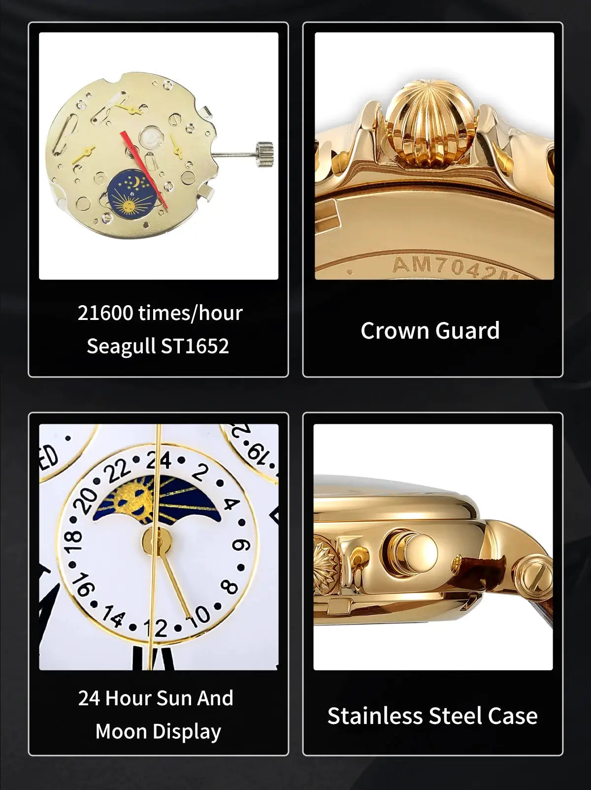 BERNY Retro Automatic Men’s Watch by Simples Market; sun & moon phase, 24-hour display, gold-tone stainless steel case