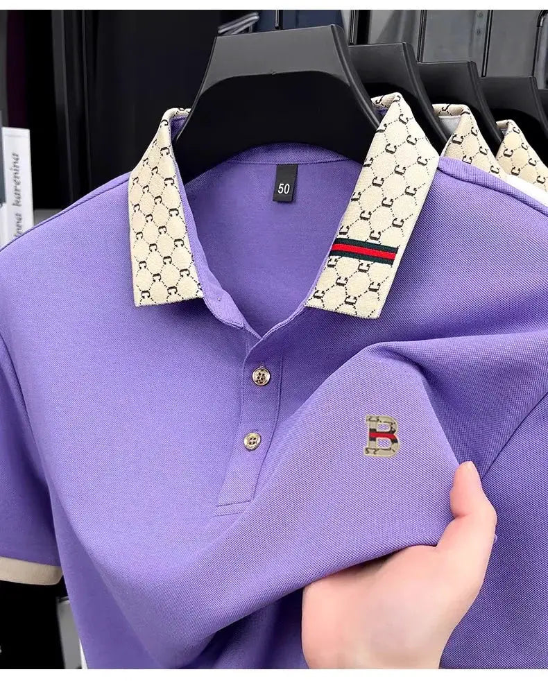 Polo shirt purple, beige patterned collar with stripe, B logo embroidery, lightweight breathable Simples Market